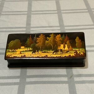 Russian Black Lacquer Decorative Box with Cows Grazing Forest Scene Fedoskino 7"